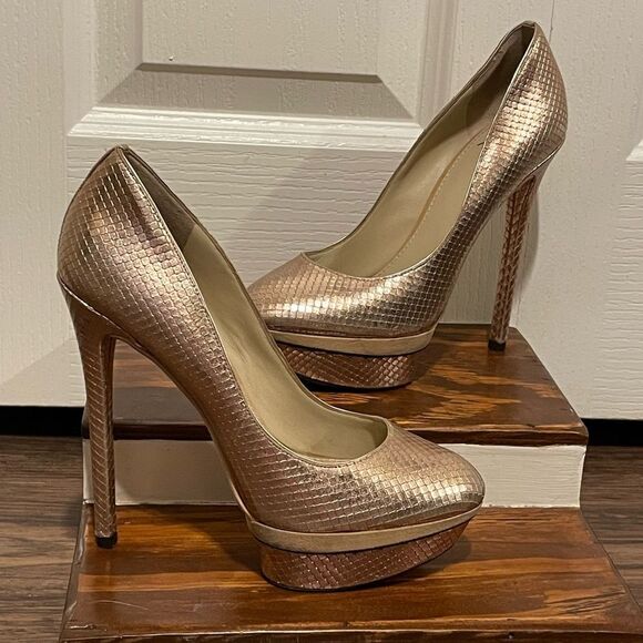 Brian Atwood Rose Gold Snakeskin Embossed Stiletto Platform Ultra High Heels 8.5 - Picture 2 of 14